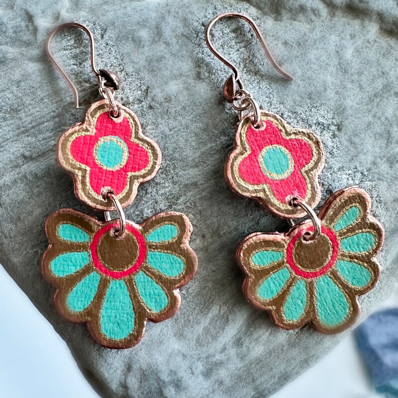 Floral Boho Handmade Paper Earrings Colors of Red Teal Bronze